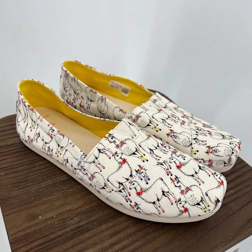 TOMS x Paper Source Alpargata Ivory Floral Llamas Print Slip‎ On Shoes NWT 11